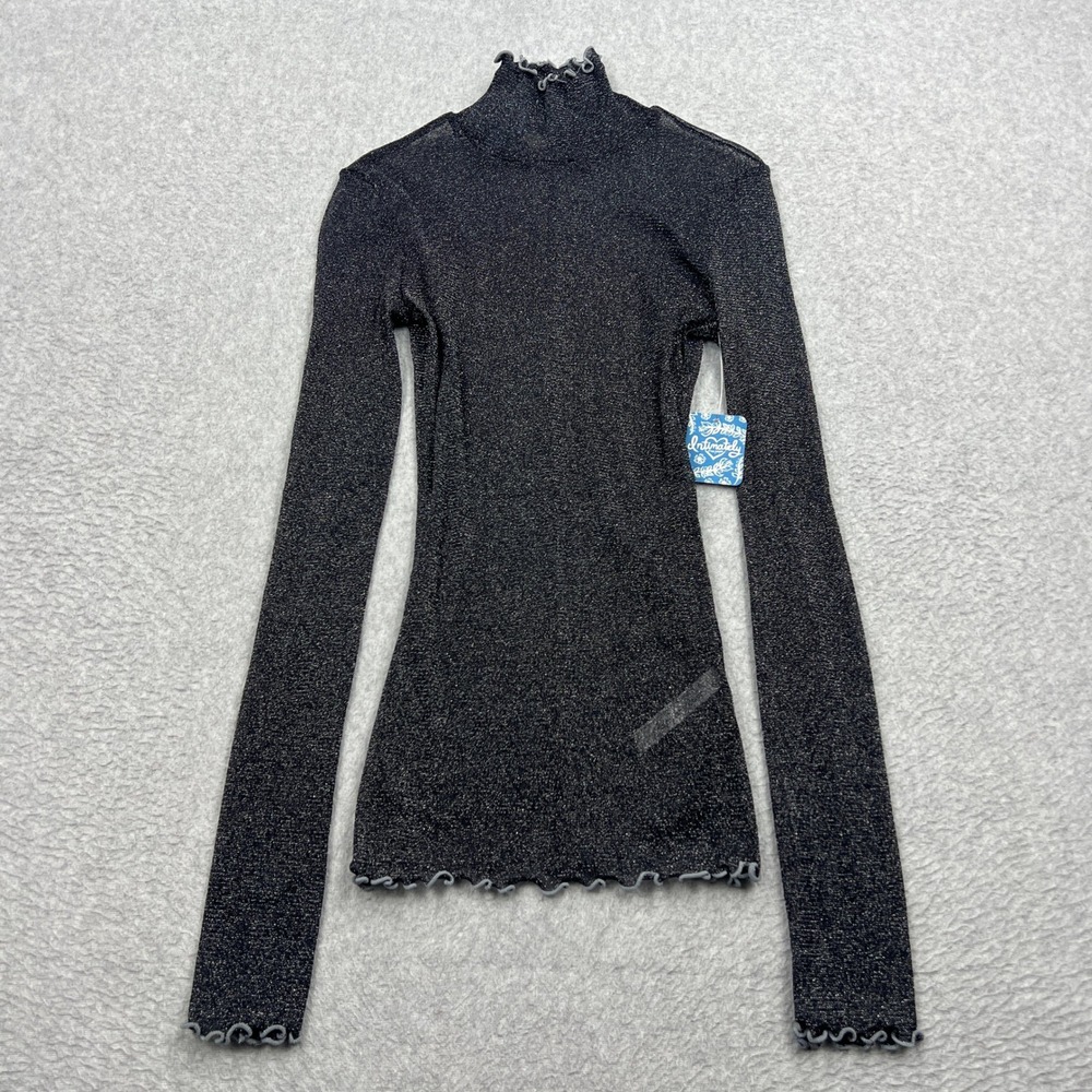 NEW Free People Pop It Layering Tee Women XS Black Shimmer Mock Neck Ruffle Trim